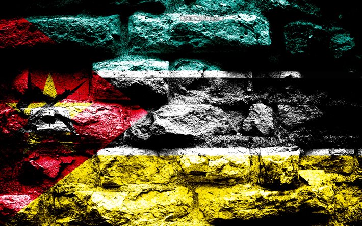 Mozambique flag, grunge brick texture, Flag of Mozambique, flag on brick wall, Mozambique, flags of Africa countries