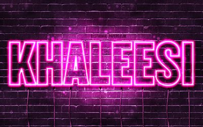 Khaleesi, 4k, wallpapers with names, female names, Khaleesi name, purple neon lights, horizontal text, picture with Khaleesi name