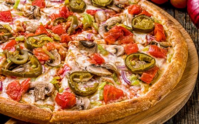 Pizza with mushrooms, fast food, great food, pizza, bakery products