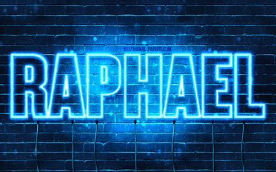 Raphael, 4k, wallpapers with names, horizontal text, Raphael name, blue neon lights, picture with Raphael name
