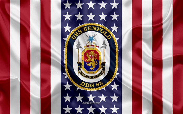 uss benfold emblem, ddg-65, american flag, us-navy, usa, uss benfold abzeichen, us-kriegsschiff, wappen der uss benfold