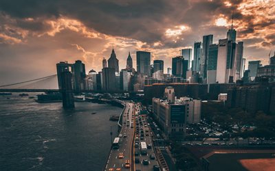 Manhattan, sunset, New York illalla, moderneja rakennuksia, amerikan kaupungit, nightscapes, NYC, pilvenpiirt&#228;ji&#228;, New York, USA, Kaupungit New York, Amerikassa