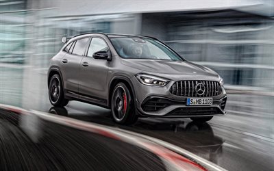 2021, Mercedes-AMG GLA45 S, 4K, front view, exterior, new gray GLA45, tuning GLA, German cars, Mercedes