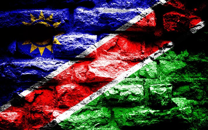 Namibia bandiera, grunge texture di mattoni, Bandiera della Namibia, bandiera su un muro di mattoni, Namibia, bandiere di paesi dell&#39;Africa
