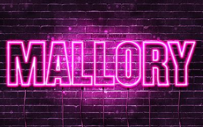 Mallory, 4k, wallpapers with names, female names, Mallory name, purple neon lights, horizontal text, picture with Mallory name
