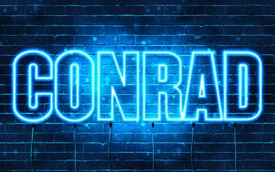 conrad, 4k, tapeten, die mit namen, horizontaler text, conrad name, blue neon lights, bild mit conrad namen