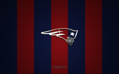 New England Patriots logo, American football club, metal emblem, blue red metal mesh background, New England Patriots, NFL, Boston, Massachusetts, USA, american football
