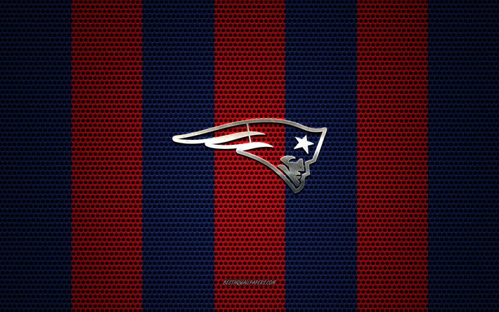 new england patriots logo, american football-club, metall-emblem, blau-rot-metal-mesh-hintergrund, new england patriots, nfl, boston, massachusetts, usa, american football