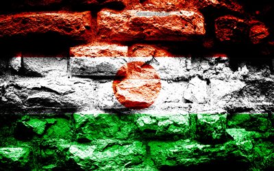 Niger flag, grunge brick texture, Flag of Niger, flag on brick wall, Niger, flags of Africa countries