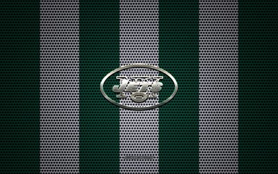 New York Jets logo, American football club, metal emblem, green-white metal mesh background, New York Jets, NFL, New York, USA, american football