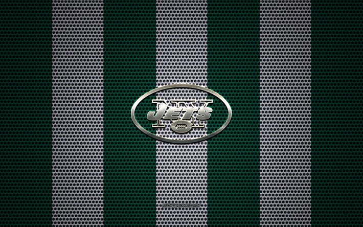 New York Jets-logo, American football club, metalli-tunnus, vihre&#228;-valkoinen metalli mesh tausta, New York Jets, NFL, New York, USA, amerikkalainen jalkapallo