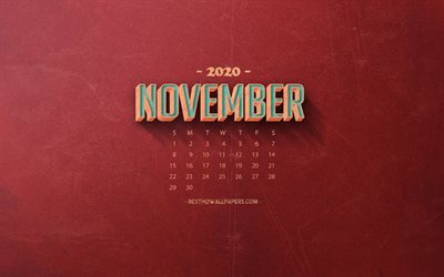2020 November Kalender, r&#246;d retro bakgrund, 2020 h&#246;sten kalendrar, November 2020 Kalender, retro konst, 2020 kalendrar, November