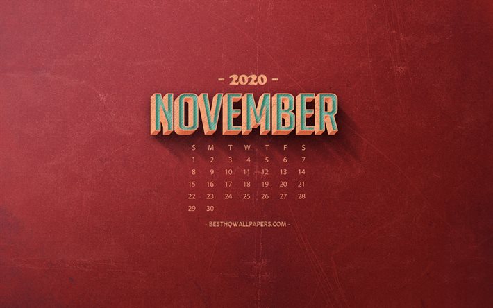 2020 novembre Calendrier, rouge r&#233;tro arri&#232;re-plan, 2020 automne calendriers, novembre 2020 Calendrier, r&#233;tro, art, 2020 calendriers, novembre
