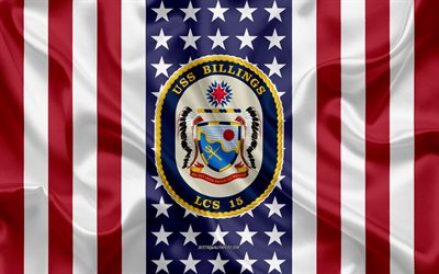 uss billings-emblem, lcs-15, american flag, us-navy, usa, uss billings abzeichen, us-kriegsschiff, wappen der uss billings