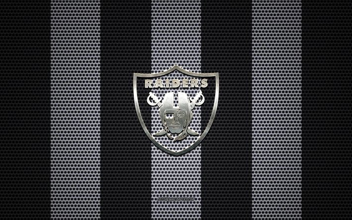 Oakland Raiders logo, American football club, metal emblem, black white metal mesh background, Oakland Raiders, NFL, Las Vegas, Nevada, USA, american football