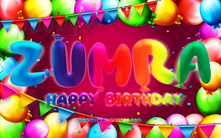 お誕生日おめでZumra, 4k, カラフルバルーンフレーム, Zumra名, 紫色の背景, Zumraお誕生日おめで, Zumra誕生日, 人気のトルコの女性の名前, 誕生日プ, Zumra