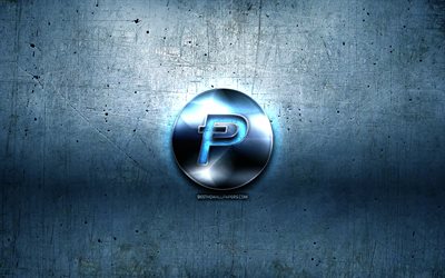 PotCoin metal logo, grunge, cryptocurrency, blue metal background, PotCoin, creative, PotCoin logo