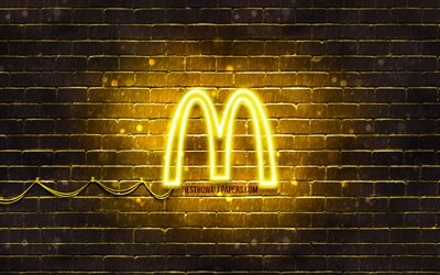 McDonalds yellow logo, 4k, yellow brickwall, McDonalds logo, brands, McDonalds neon logo, McDonalds