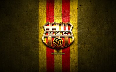 Barcelona SC, golden logo, Ecuadorian Serie A, yellow metal background, football, Barcelona Sporting Club, Ecuadorian football club, Barcelona SC logo, soccer, Ecuador