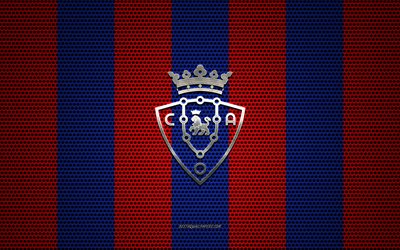 CA Osasunaロゴ, スペインサッカークラブ, 金属エンブレム, 赤青メタルメッシュの背景, CA Osasuna, のリーグ, パンプローナ, スペイン, サッカー