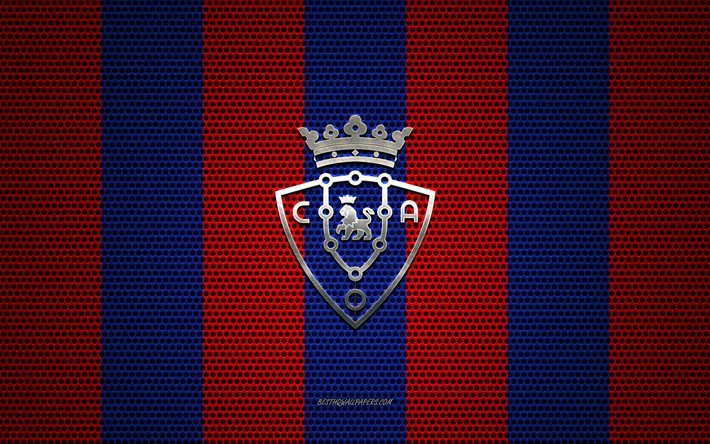 CA Osasuna logo, İspanyol Futbol Kul&#252;b&#252;, metal amblem, kırmızı, mavi Hasır arka plan, CA Osasuna, UEFA, Pamplona, İspanya, futbol