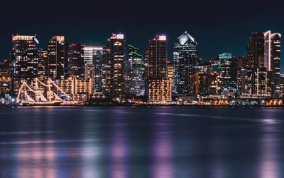 San Diego, night, cityscape, modern buildings, San Diego Bay, skyscrapers, San Diego skyline, California, USA