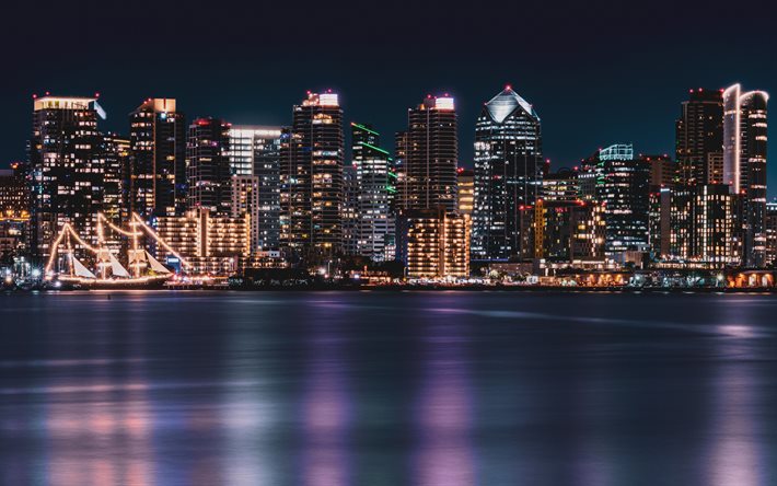 San Diego, notte, paesaggio urbano, edifici moderni, la Baia di San Diego, grattacieli, San Diego skyline, California, USA