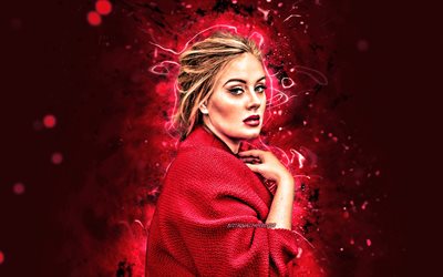 Adele, 4k, britanniques de c&#233;l&#233;brit&#233;, rouge n&#233;on, stars de la musique, Adele Laurie Blue Adkins, fan art, le chanteur britannique, superstars, Adele 4K