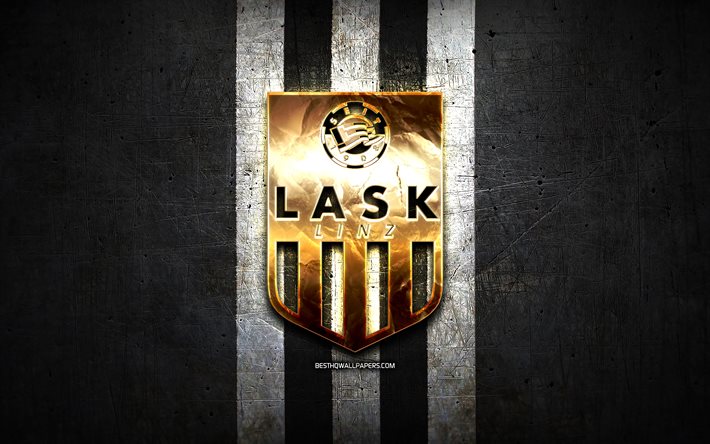 LASK Linz FC, golden logo, Austrian Bundesliga, black metal background, football, LASK Linz, austrian football club, LASK Linz logo, soccer, Austria