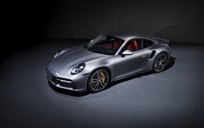 2021, Porsche 911 Turbo S, front view, exterior, silver sports coupe, supercar, new silver 911 Turbo S, German sports cars, Porsche