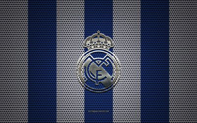 real madrid logo der spanischen fu&#223;ball-club, metall-emblem, wei&#223;-blau-metal-mesh-hintergrund, real madrid, la liga, madrid, spanien, fu&#223;ball