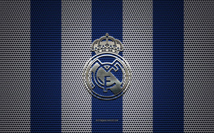 Real Madrid logo, Spanish football club, metal emblem, white-blue metal mesh background, Real Madrid, La Liga, Madrid, Spain, football