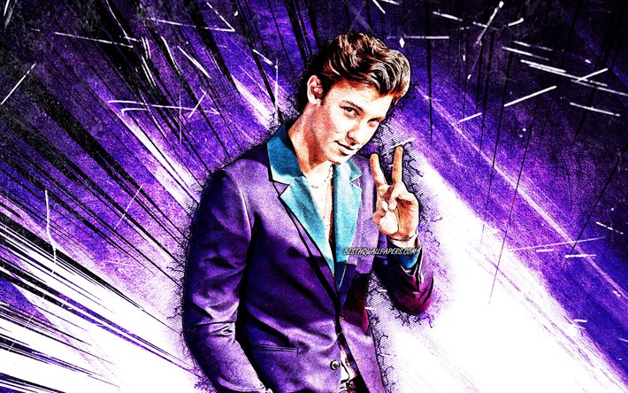 4k, Shawn Mendes, grunge art, canadian singer, music stars, violet abstract rays, Shawn Peter Raul Mendes, fan art, Shawn Mendes 4K