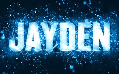 Feliz Anivers&#225;rio Jayden, 4k, luzes azuis de neon, nome Jayden, criativo, Jayden Feliz Anivers&#225;rio, Jayden Birthday, nomes masculinos populares americanos, foto com o nome jayden, Jayden