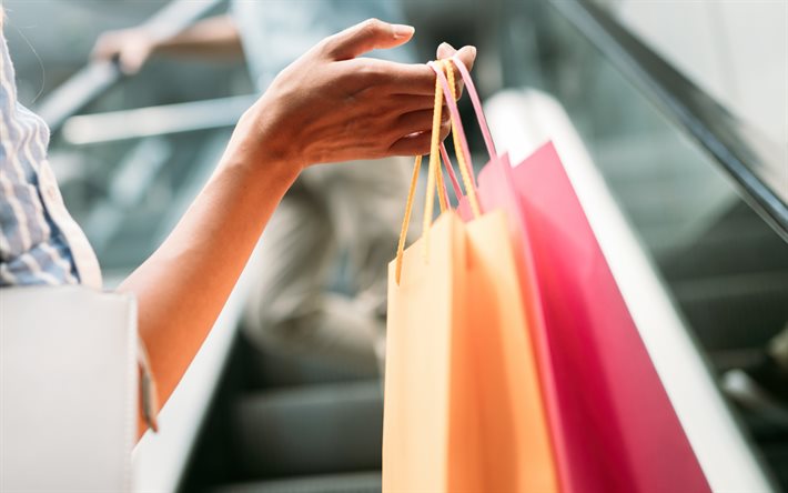 Shopping, packages in hand, woman shopping, 4k, shopping bags, colorful bags