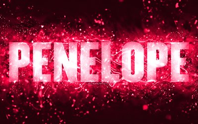 Happy Birthday Penelope, 4k, pink neon lights, Penelope name, creative, Penelope Happy Birthday, Penelope Birthday, popular american female names, picture with Penelope name, Penelope