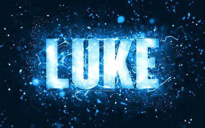 Feliz anivers&#225;rio, Luke, 4k, luzes de n&#233;on azuis, nome de Luke, criativo, feliz anivers&#225;rio, anivers&#225;rio de Luke, nomes masculinos americanos populares, foto com o nome de Luke