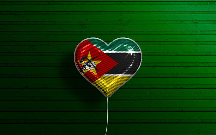 J&#39;aime le Mozambique, 4k, ballons r&#233;alistes, fond en bois vert, pays africains, coeur de drapeau mozambicain, pays pr&#233;f&#233;r&#233;s, drapeau du Mozambique, ballon avec drapeau, drapeau mozambicain, Mozambique, amour du Mozambique