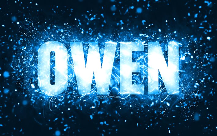 Buon compleanno Owen, 4k, luci al neon blu, nome Owen, creativo, buon compleanno Owen, compleanno Owen, nomi maschili americani popolari, foto con nome Owen, Owen