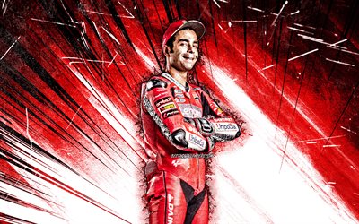 4k, Danilo Petrucci, art grunge, Ducati Corse, coureur de moto italien, MotoGP, Danilo Carlo Petrucci, rayons abstraits rouges, Championnat du monde MotoGP, Danilo Petrucci 4K