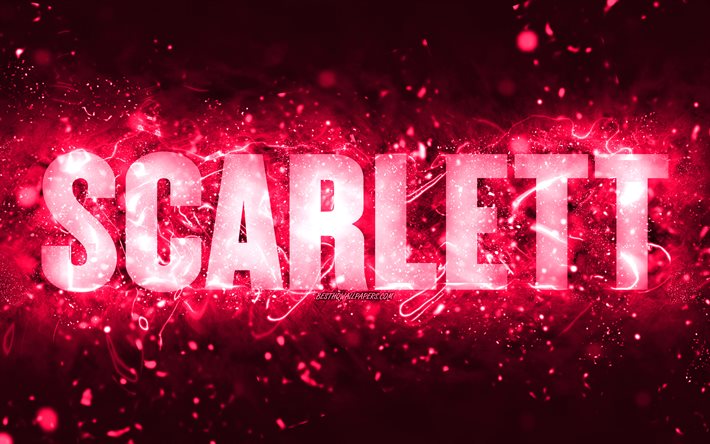 Mutlu Yıllar Scarlett, 4k, pembe neon ışıklar, Scarlett adı, yaratıcı, Scarlett Mutlu Yıllar, Scarlett Doğum G&#252;n&#252;, pop&#252;ler amerikan kadın isimleri, Scarlett isimli resim, Scarlett