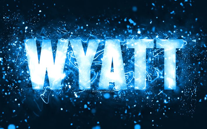 Happy Birthday Wyatt, 4k, blue neon lights, Wyatt name, creative, Wyatt Happy Birthday, Wyatt Birthday, popular american male names, picture with Wyatt name, Wyatt