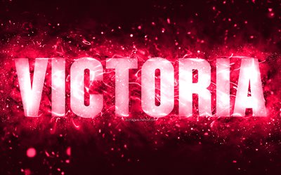 Feliz anivers&#225;rio Victoria, 4k, luzes de n&#233;on rosa, nome Victoria, criativo, Victoria Feliz anivers&#225;rio, Victoria Birthday, nomes femininos americanos populares, foto com o nome Victoria, Victoria