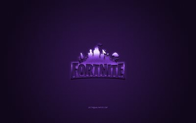 Fortnite, popular game, Fortnite dark purple logo, dark purple carbon fiber background, Fortnite logo, Fortnite emblem