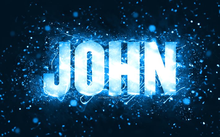 Buon compleanno John, 4k, luci al neon blu, nome di John, creativo, buon compleanno di John, compleanno di John, nomi maschili americani popolari, foto con il nome di John, John