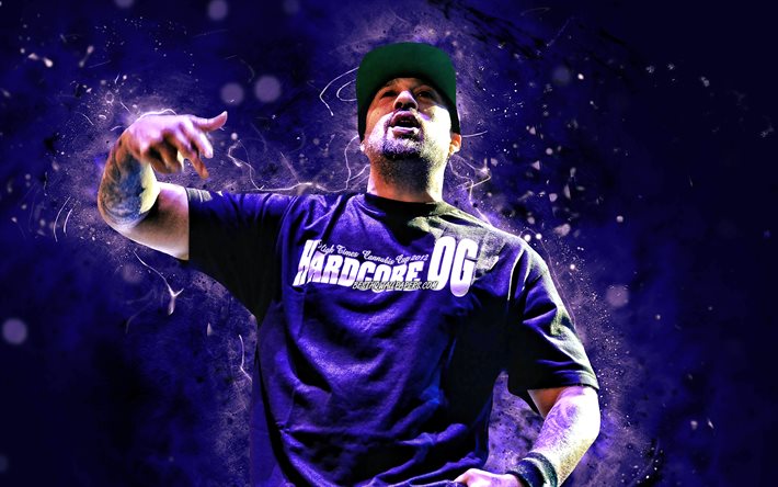 B-Real, 4k, american rapper, violet neon lights, music stars, B-Real with microphone, Louis Freese, american celebrity, B-Real 4K