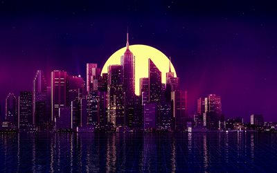 4k, abstract skyline cityscape, moon, modern buidings, abstract nightscapes, skyscrapers, metropolis, cityscapes minimalism, creative, abstract cityscapes