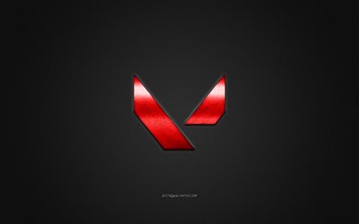 Valorant, jeu populaire, logo rouge Valorant, fond gris en fibre de carbone, logo Valorant, embl&#232;me Valorant