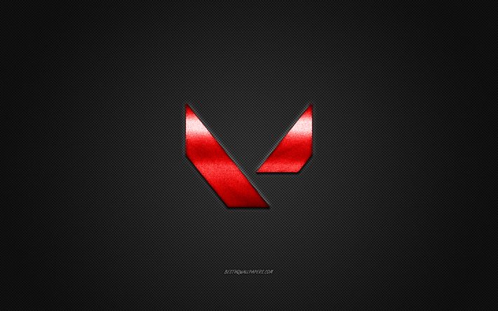 Valorant, popular game, Valorant red logo, gray carbon fiber background, Valorant logo, Valorant emblem