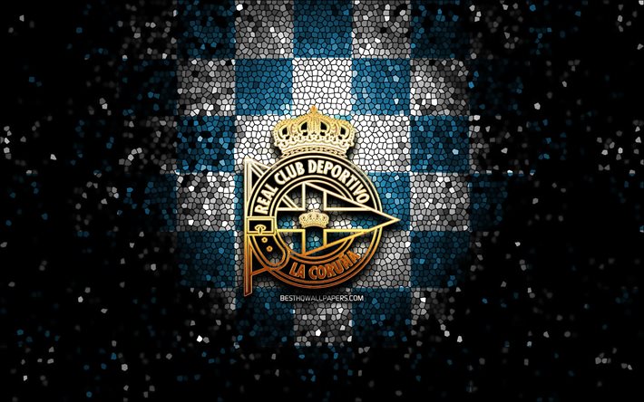 Deportivo La Coruna FC, parlak logo, La Liga 2, mavi beyaz damalı arka plan, Segunda, futbol, İspanyol futbol kul&#252;b&#252;, Deportivo La Coruna logosu, mozaik sanatı, LaLiga 2, RC Deportivo La Coruna